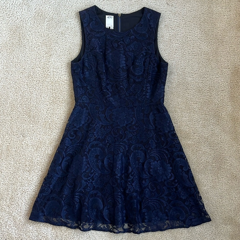 Ali Ra Navy Blue Lace Overlay Silk Sleeveless Dress in Womens Size 8